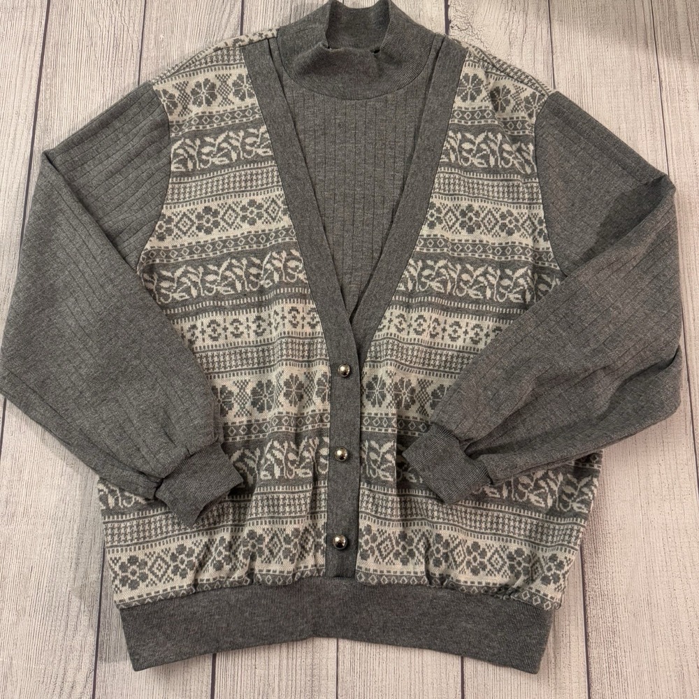 Vintage Cricket Lane Women's Large Gray Fair Isle Cardigan Mock Neck Sweater USA